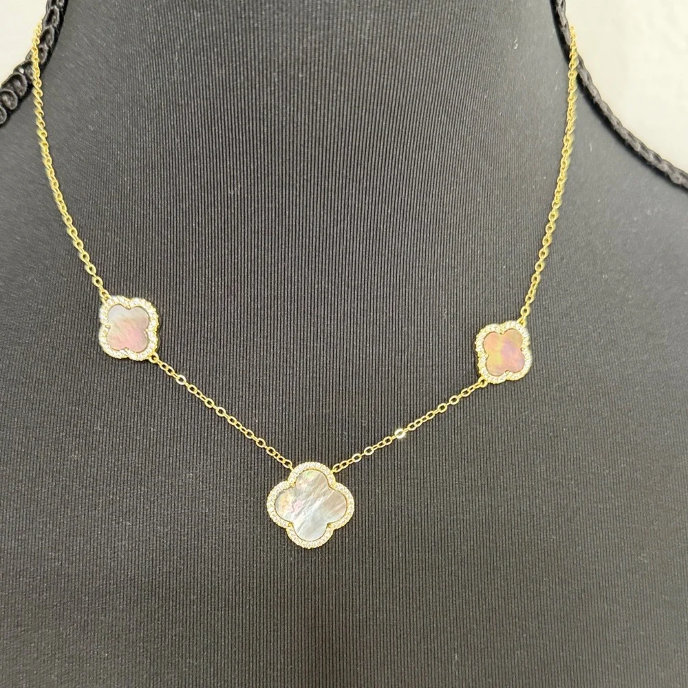 Stella Rose London Black Mother of Pearl Clover Necklace Gold Plated Crystal Pav